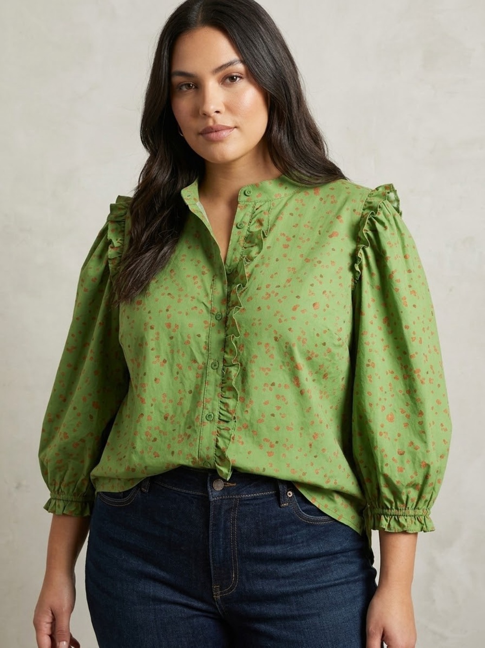 Eloquii Lime Green Floral Ruffle-Front Blouse